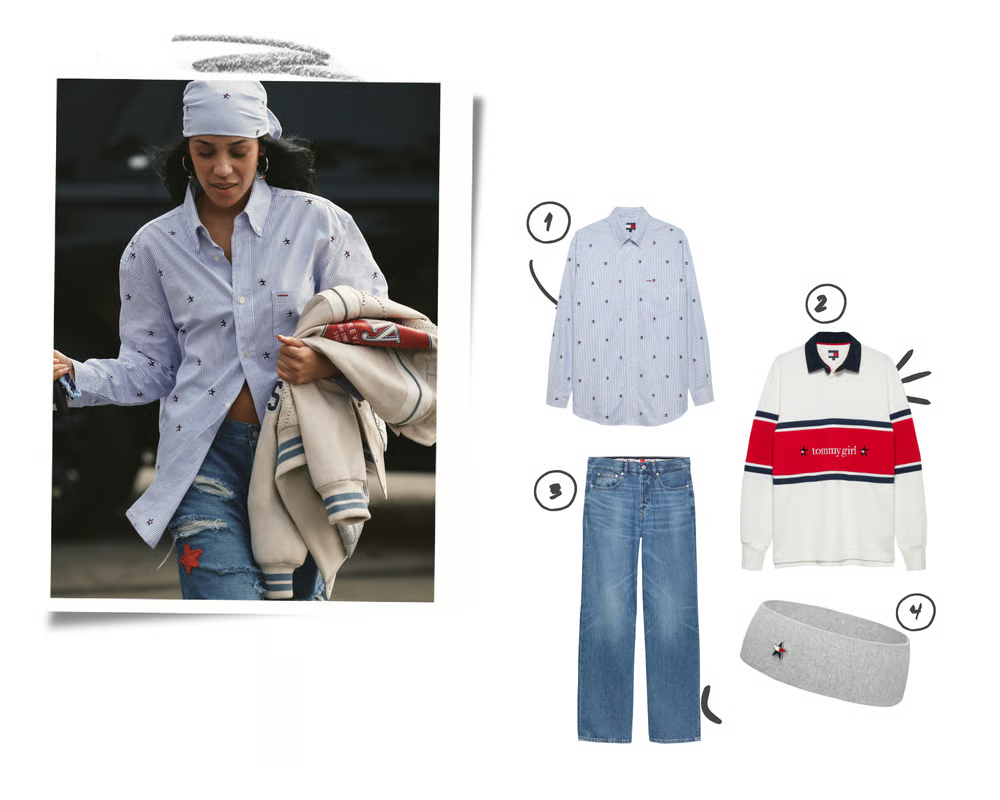 Tommy Girl 胶囊系列中的特色造型，包括条纹衬衫、牛仔布和徽标单品，由 Aleali May 设计