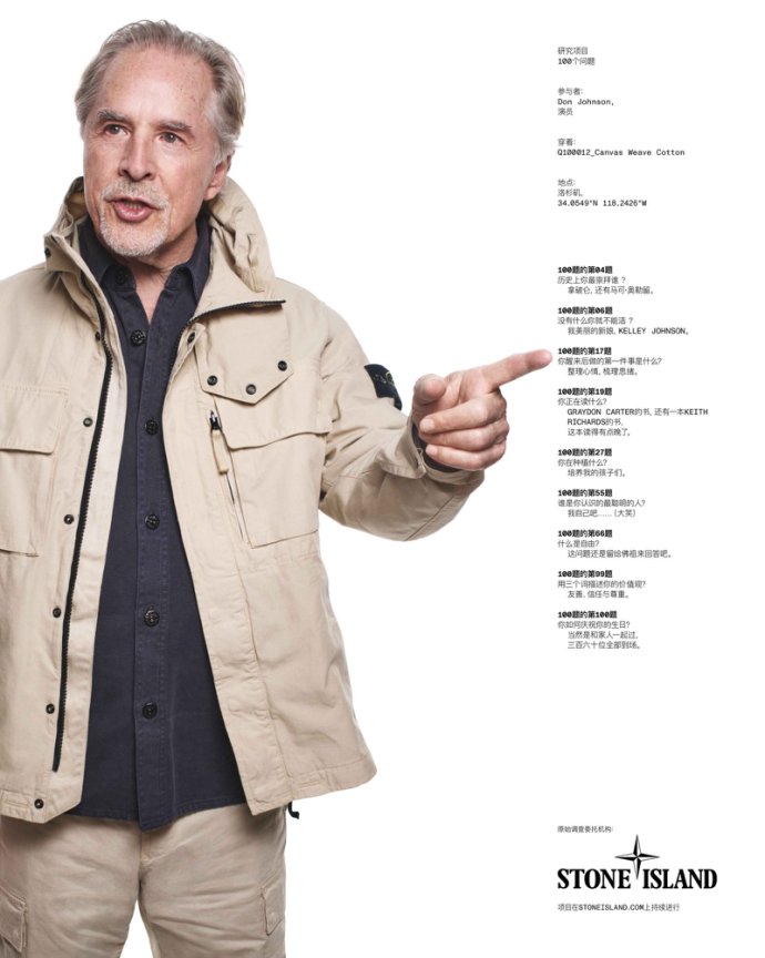 Don Johnson 穿着 Q100012 CANVAS WEAVE COTTON STONE ISLAND棉质帆布连帽战地夹克。经成衣染色并加入了拒水剂，赋予服装独特外观