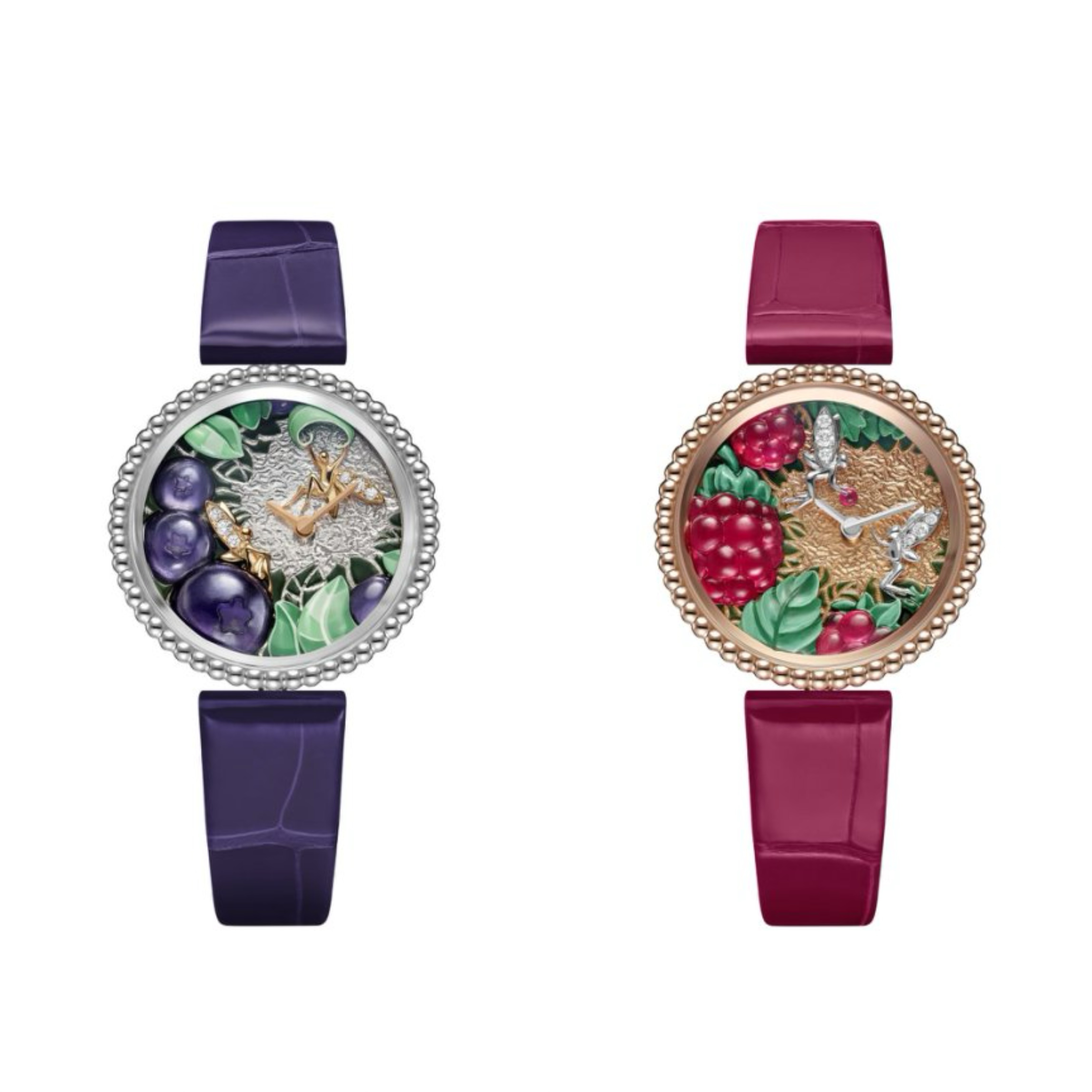 图左:Perlée Extraordinaire Fruits Enchantés Myrtille 腕表 白 K 金、玫瑰金、钻石、珐瑯、微型彩绘、瑞士石英机芯;图右:Perlée Extraordinaire Fruits Enchantés Framboise 腕表 玫瑰金、白 K 金、钻石、珐瑯、微型彩绘、瑞士石英机芯 图左:Perlée Extraordinaire Fruits Enchantés Myrtille 腕表 白 K 金、玫瑰金、钻石、珐瑯、微型彩绘、瑞士石英机芯;图右:Perlée Extraordinaire Fruits Enchantés Framboise 腕表 玫瑰金、白 K 金、钻石、珐瑯、微型彩绘、瑞士石英机芯