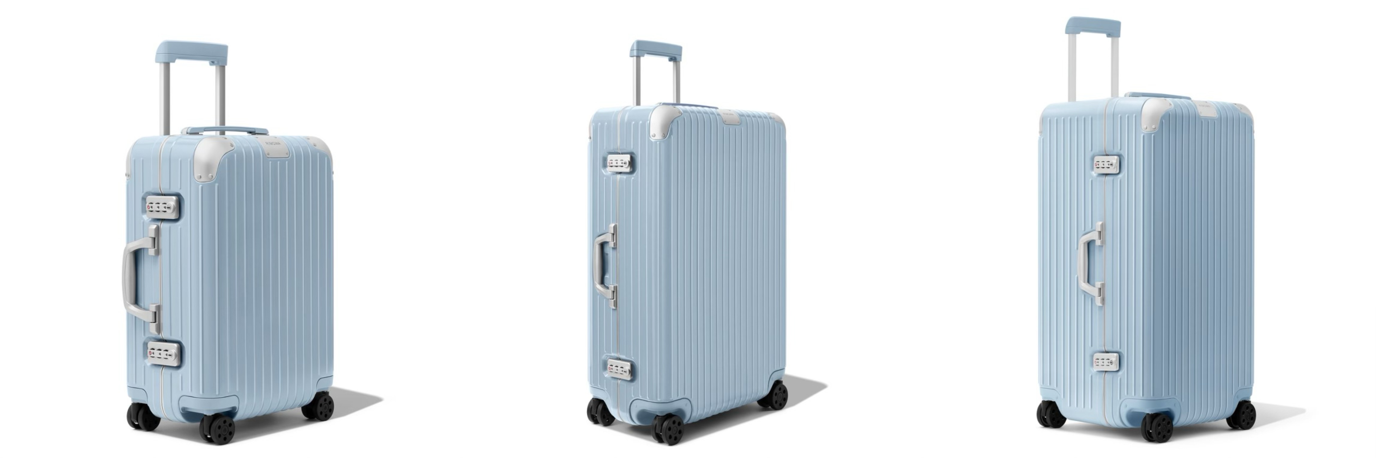 从左至右依次为：Hybrid 系列天空蓝色登机箱、Check-In L托运箱和Trunk Plus 托运箱