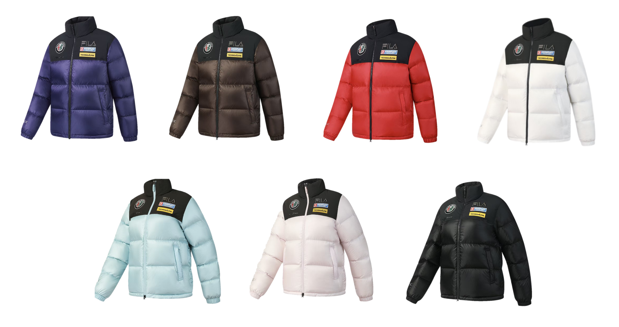 FILA「4810凌峰鹅绒」各色主推羽绒展示（上列为男款，下列为女款）